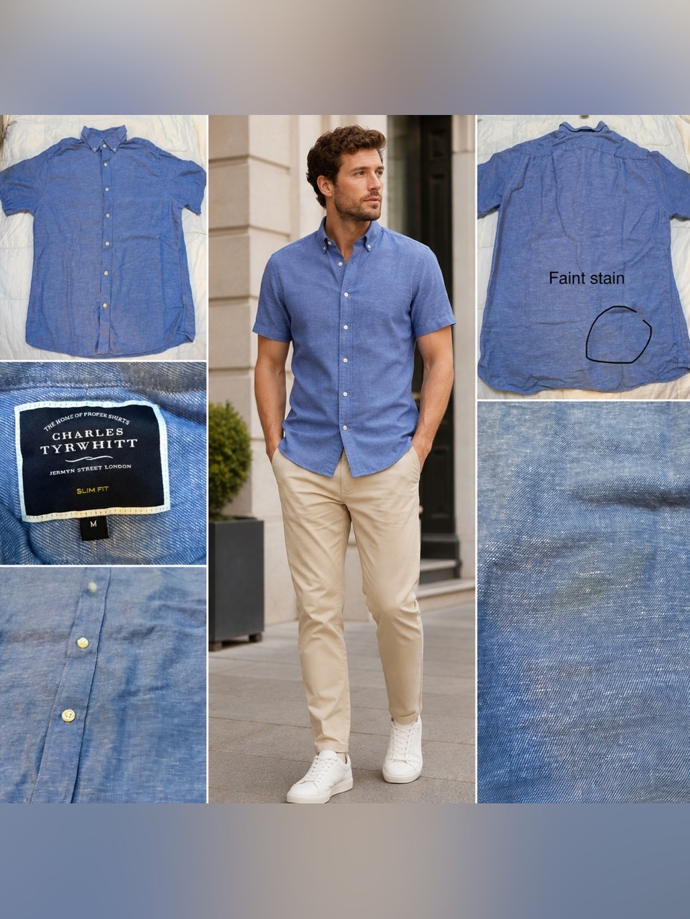 Charles Tyrwhitt Blue Short Sleeve Super Soft Button-Down. Slim Fit Mens M